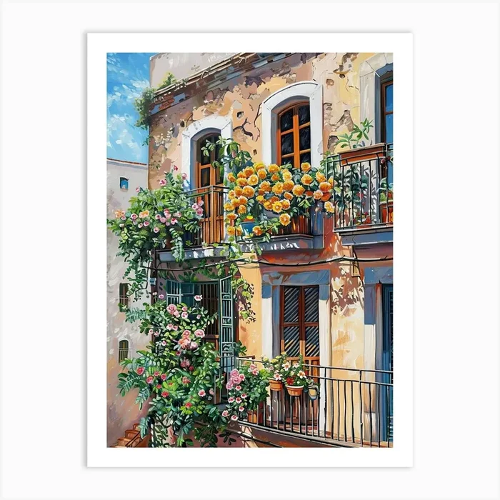 Balcony View Painting In Barcelona 3 Art Print by Urban Vistas