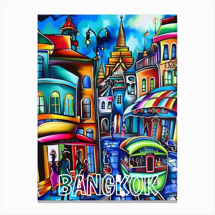 Bangkok City, Cubism and Surrealism, Typography Canvas Print by Moisky