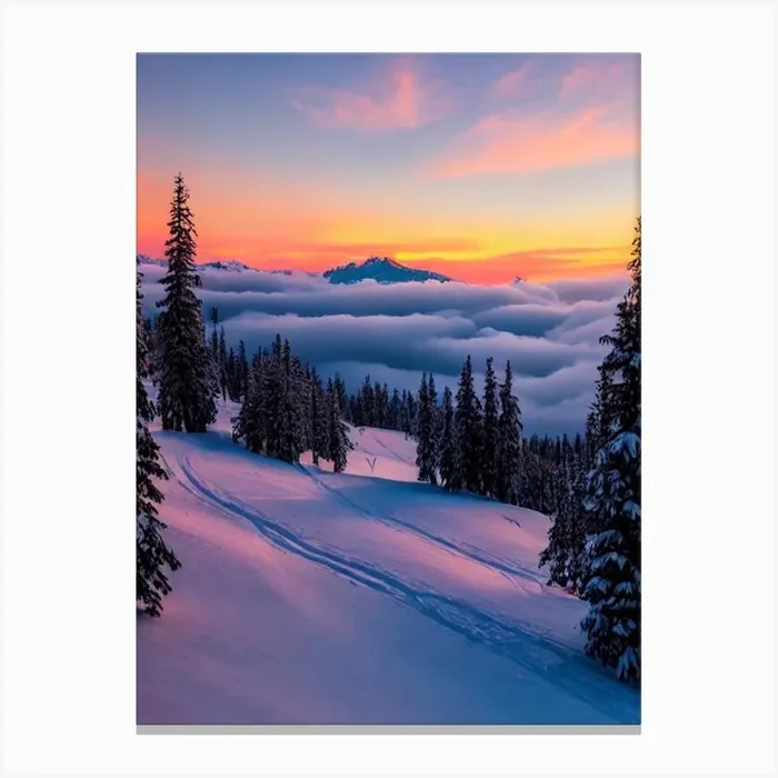 Bansko, Bulgaria Sunrise Skiing Poster Canvas Print by Piste Posters