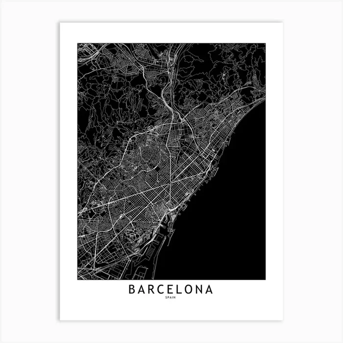 Barcelona Black And White Map Art Print by multipliCITY