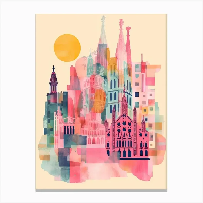 Barcelona In Risograph Style 3 Canvas Print by Vintage Ink
