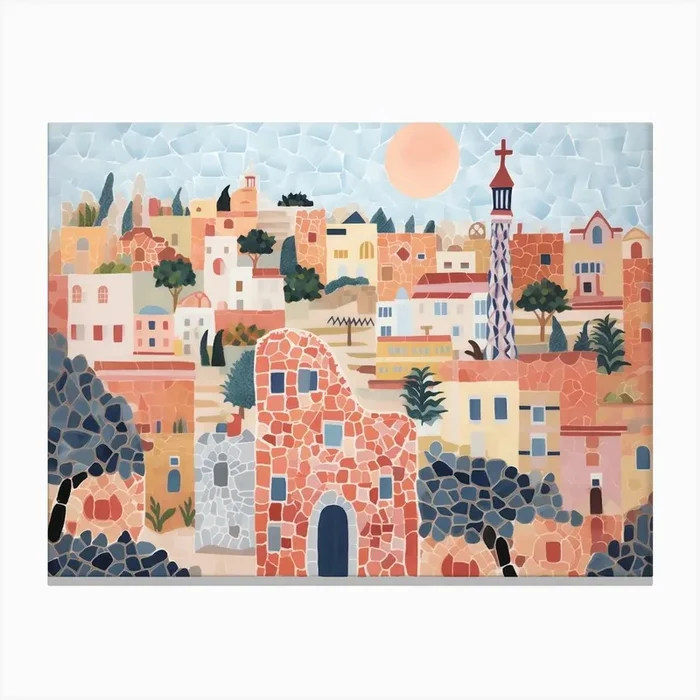 Barcelona Skyline Painting Landscape Canvas Print by Mambo
