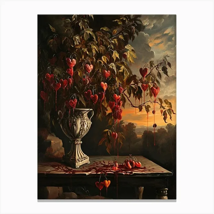 Baroque Floral Still Life Bleeding Hearts Dicentra 1 Canvas Print by Botanic Studio