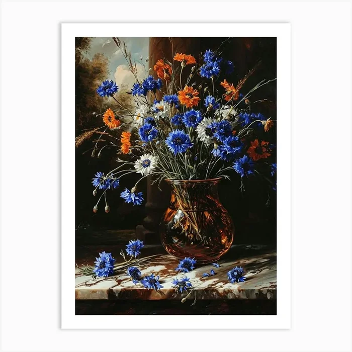 Baroque Floral Still Life Cornflower 1 Art Print by Botanic Studio