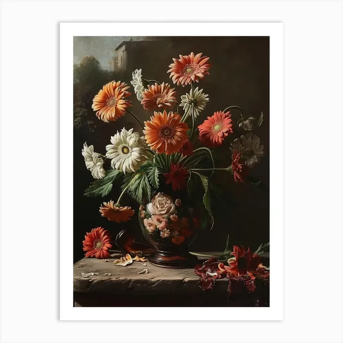 Baroque Floral Still Life Gerbera Daisy 4 Art Print by Botanic Studio