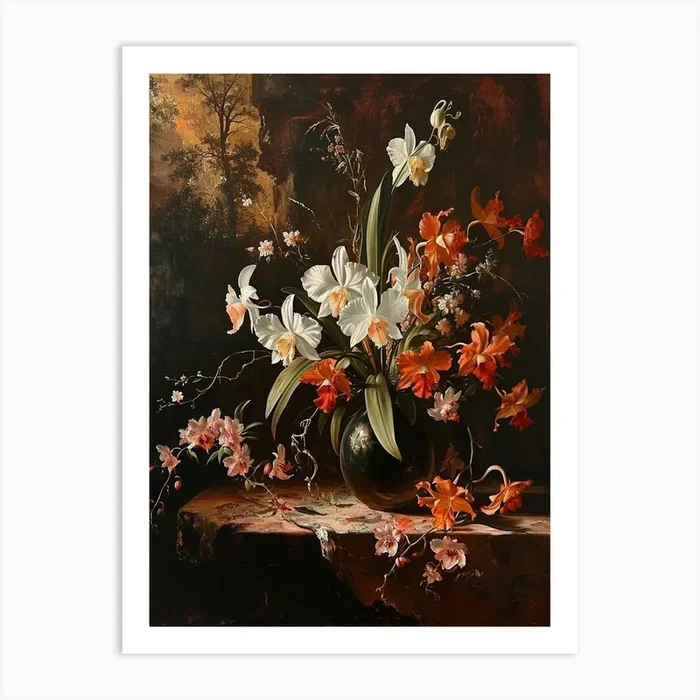 Baroque Floral Still Life Orchid 1 Art Print by Botanic Studio
