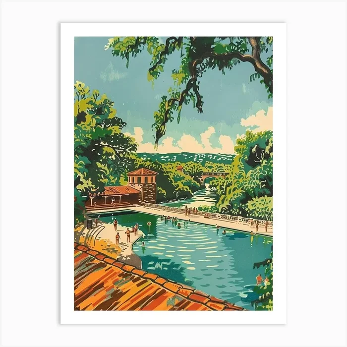 Barton Springs Pool Austin Texas Colourful Blockprint 2 Art Print by PixelPerfect
