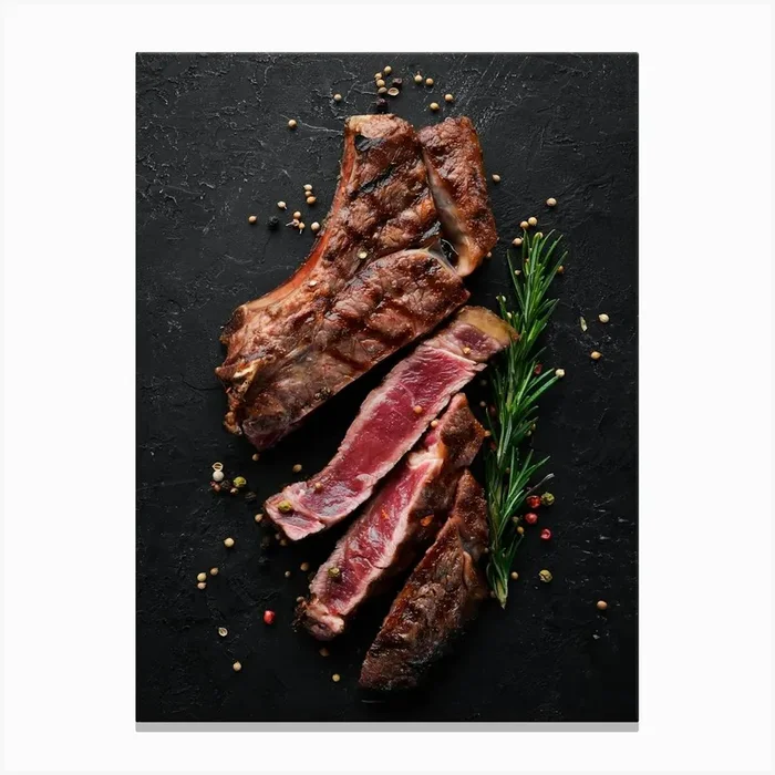 BBQ, Grilled steak on a bone — Food kitchen poster/blackboard, photo art Canvas Print by Synthwave1950