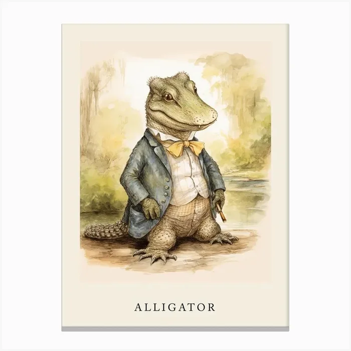 Beatrix Potter Inspired Animal Watercolour Alligator 2 Canvas Print by Scribble Studio