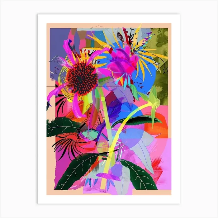 Bee Balm 2 Neon Flower Collage Art Print by Botanic Studio