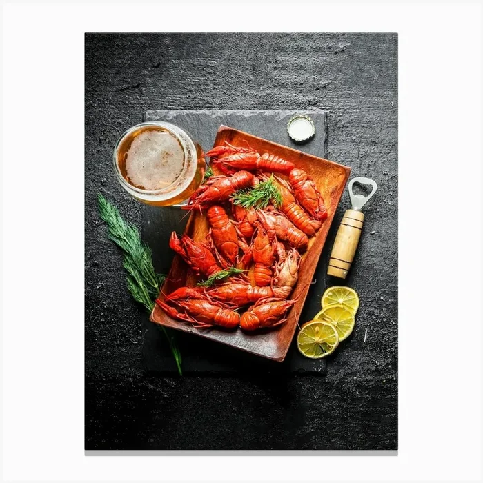 Beer with boiled crayfish — Food kitchen poster/blackboard, photo art Canvas Print by Synthwave1950