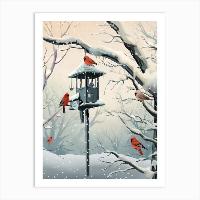 Bird House Winter Snow Illustration 5 Art Print by Featherline