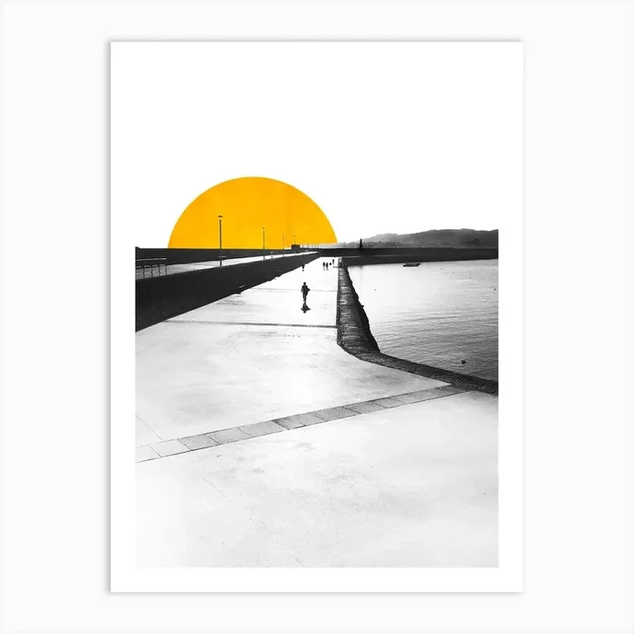 Black & White Pier With Yellow Sun Art Print by Greetstreet