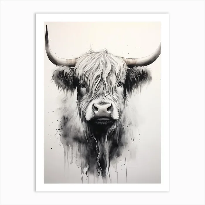 Black & White Watercolour Illustration Of Highland Cow 1 Art Print by Exploring the Highlands