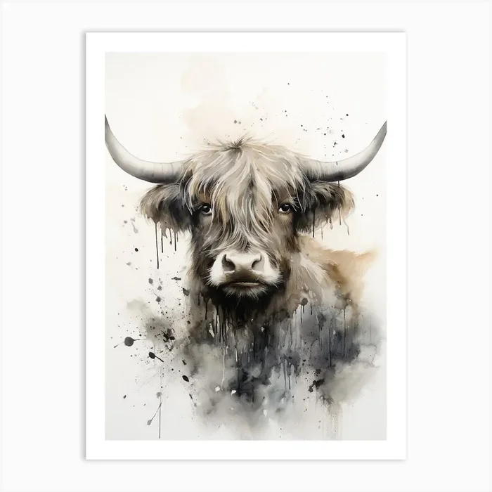 Black & White Watercolour Illustration Of Highland Cow 3 Art Print by Exploring the Highlands
