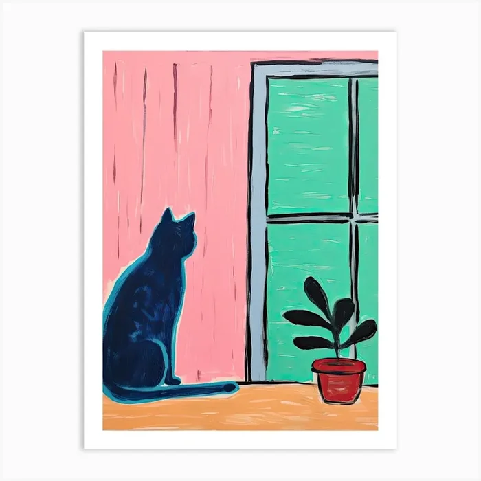 Black And Blue Cat Looking Out The Window Art Print by Mambo
