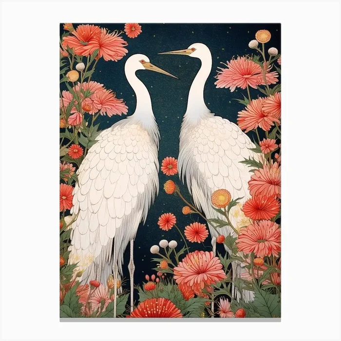 Black And Red Cranes 6 Vintage Japanese Botanical Canvas Print by Botanic Studio