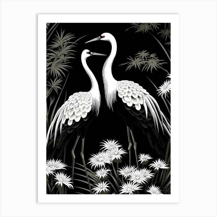 Black And White Cranes 4 Vintage Japanese Botanical Art Print by Botanic Studio