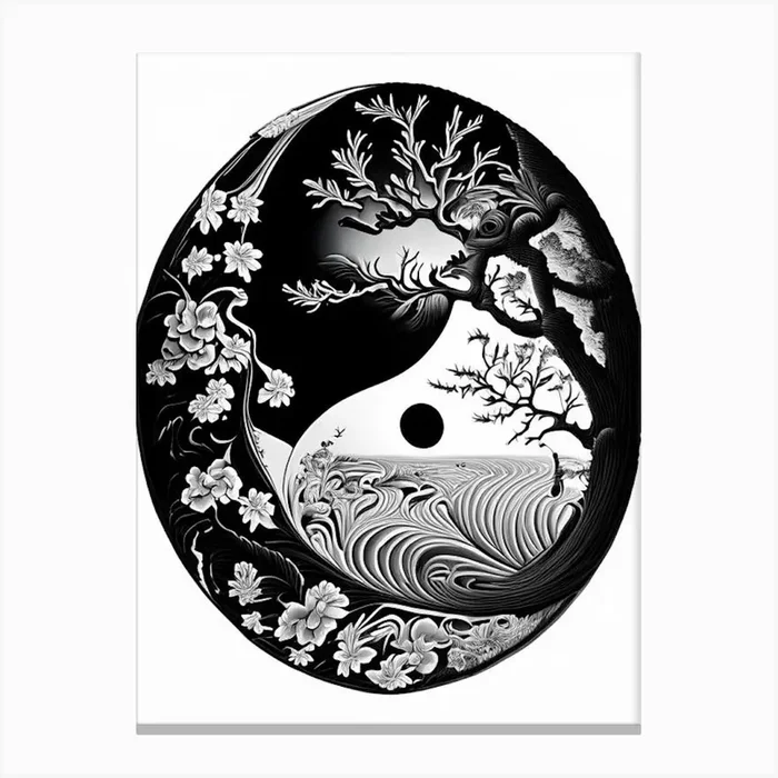 Black And White Yin and Yang Linocut Canvas PrintSE by Symbolic Expressions