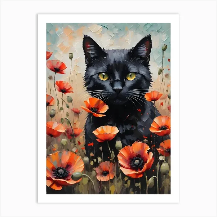 Black Cat Amongst Red Poppies – Oil and Palette Knife Painting of A Beautiful Black Cat Sitting Among the Summer Poppy Flowers – Kitty, Cat Lady, Pagan, Feature Wall, Witch, Fairytale Tarot Bastet Colorful Painting in HD Art PrintFS by Free Spirits & Hippies
