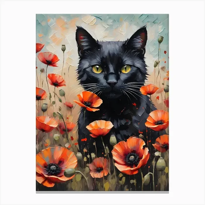 Black Cat Amongst Red Poppies – Oil and Palette Knife Painting of A Beautiful Black Cat Sitting Among the Summer Poppy Flowers – Kitty, Cat Lady, Pagan, Feature Wall, Witch, Fairytale Tarot Bastet Colorful Painting in HD Canvas PrintFS by Free Spirits & Hippies