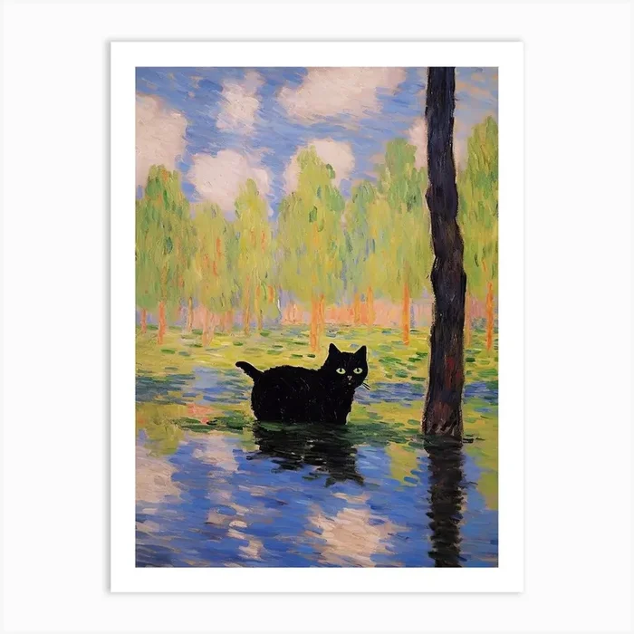 Black Cat And A Monet Inspired Landscape 3 Art Print by Mambo
