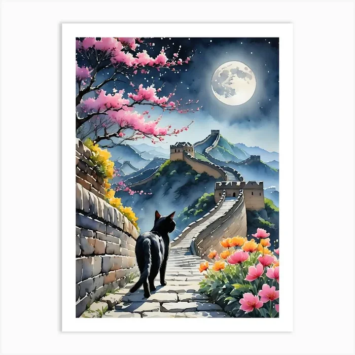 Black Cat At The Great Wall Of China – Blossom Trees in Spring Mystical Black Kitty Travels to Walk Along The 7 Wonders of the World – Enchanting Watercolor Full Moon Colorful HD Art PrintFS by Free Spirits & Hippies