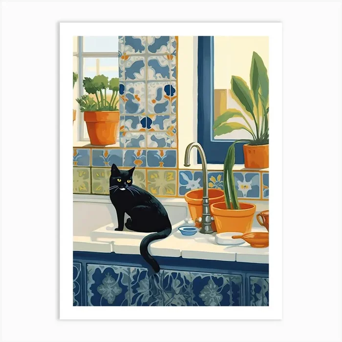Black Cat In The Kitchen Sink, Mediterranean Style 0 Art Print by Mambo