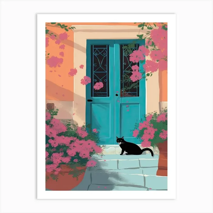 Black Cat Mediterranean Door And Pink Flowers Art Print by Mambo