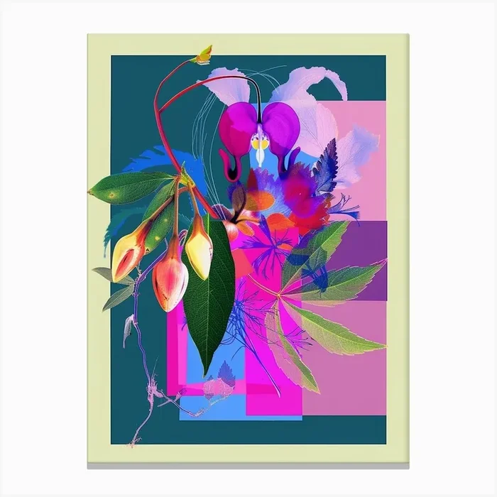 Bleeding Heart (Dicentra) Neon Flower Collage Canvas Print by Botanic Studio
