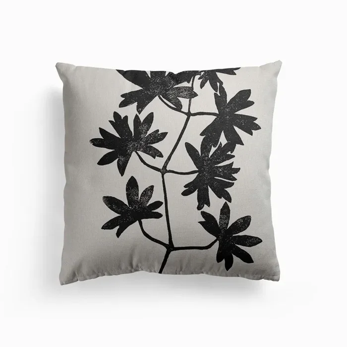 Blockprint Leaves Black Canvas Cushion by Gagica Contra