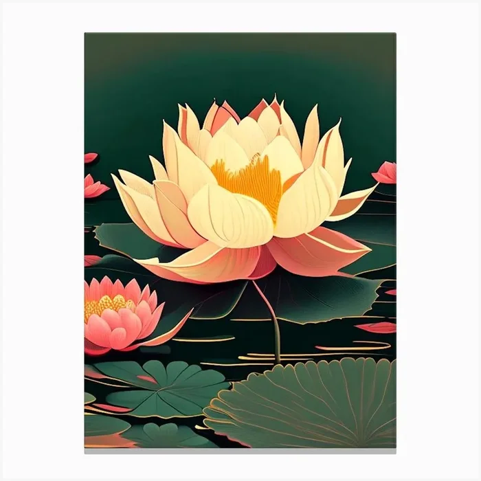 Blooming Lotus Flower In Lake Retro Illustration 3 Canvas Print by The Artsy Florist