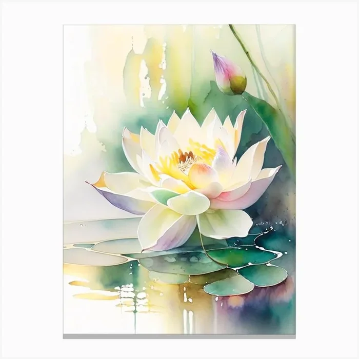 Blooming Lotus Flower In Pond Storybook Watercolour 3 Canvas Print by The Artsy Florist