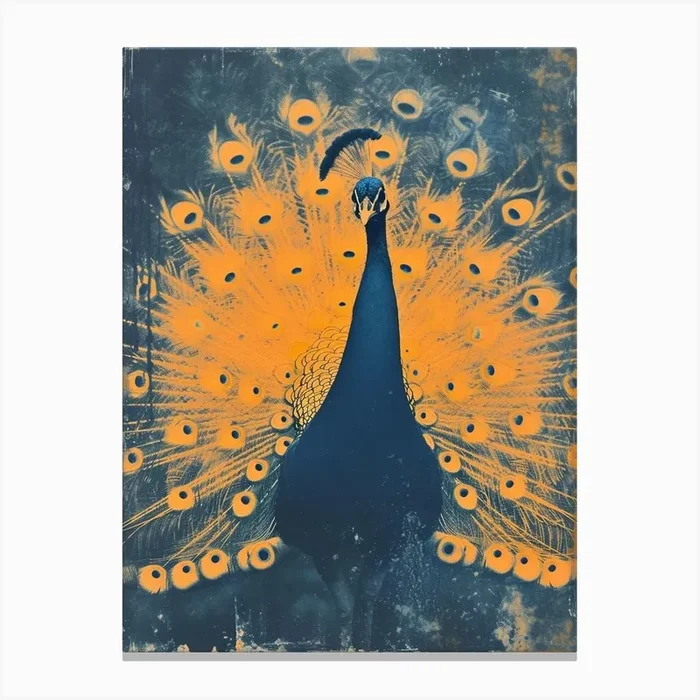 Blue & Orange Peacock Vintage Portrait Canvas Print by Featherline