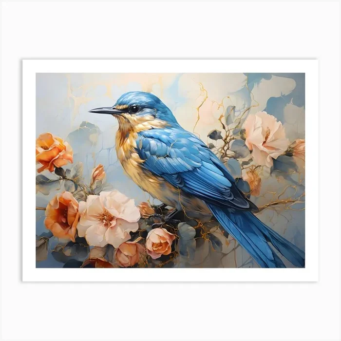 Blue Bird and Flowers Art PrintSC by S.K. Coghlan