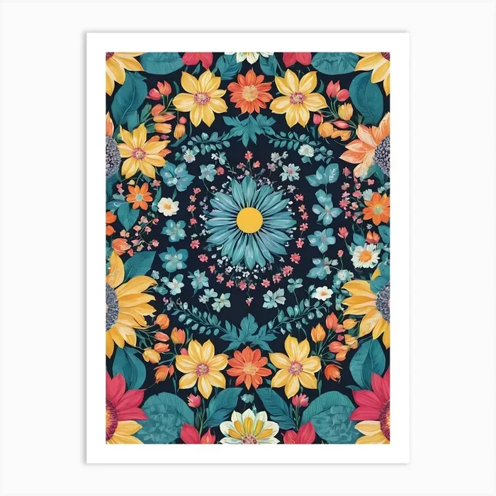 Blue Botanical Flowers and Mandala Pattern – Navy Background Like Amy Butler and William Morris Fabric Print For Lunar Pagan Gallery Feature Wall Floral Botanical Hippie Bohemian Lover HD Art PrintFS by Free Spirits & Hippies