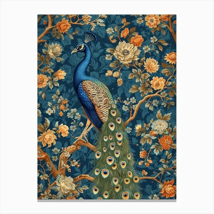 Blue Floral Peacock Wallpaper Canvas Print by Featherline