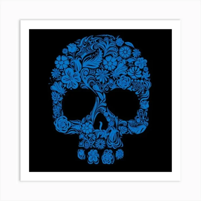 Blue Floral Skull Art Print by IslaNovella