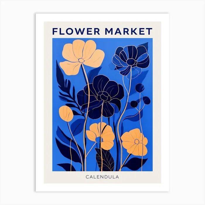 Blue Flower Market Poster Calendula 2 Art Print by Botanic Studio