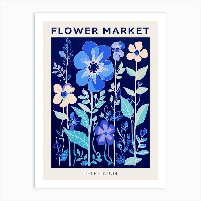Blue Flower Market Poster Delphinium 1 Art Print by Botanic Studio