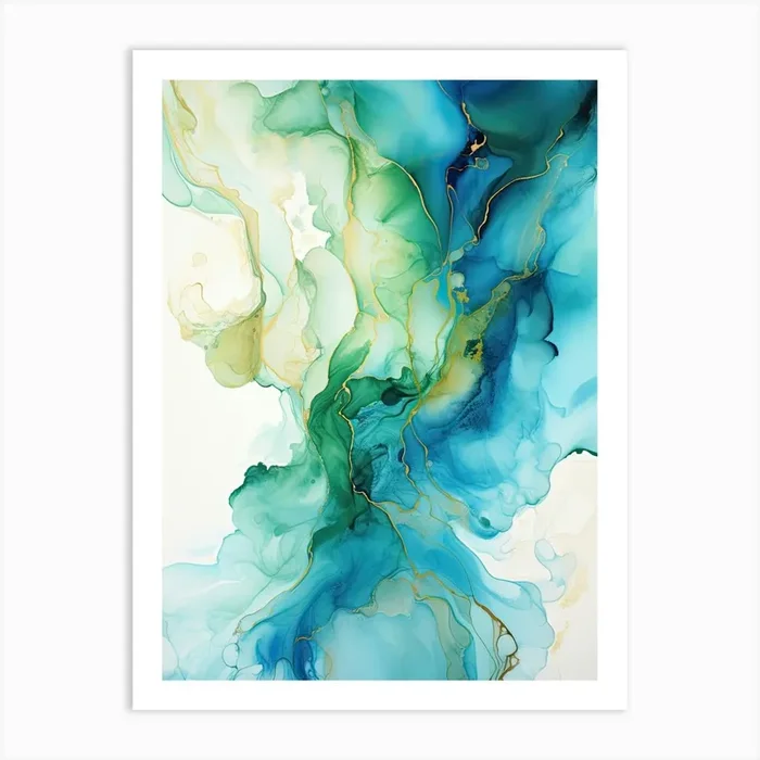 Blue, Green, Gold Flow Asbtract Painting 3 Art Print by Abstract Art Expressions