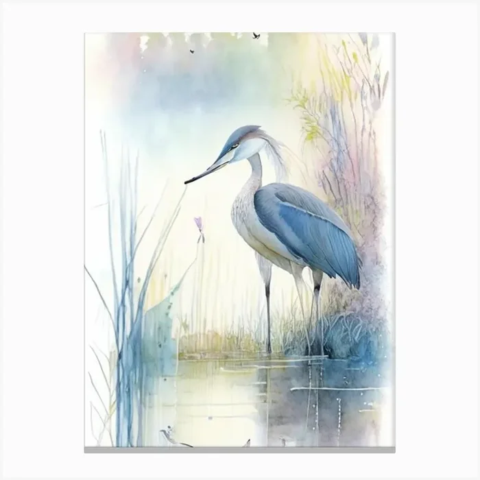 Blue Heron On Pond Gouache 1 Canvas Print by Featherline