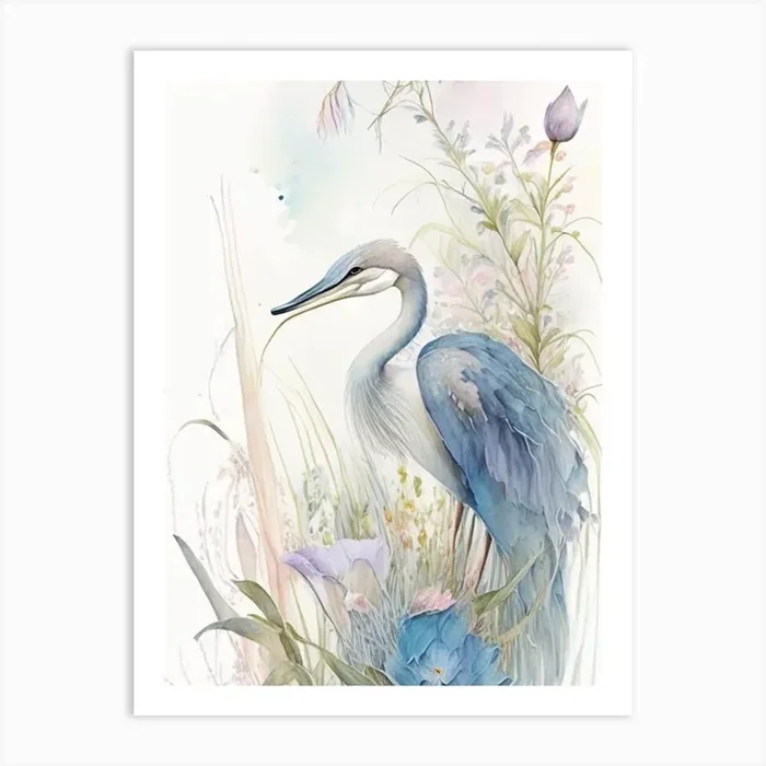 Blue Heron With Flowers Gouache 1 Art Print by Featherline