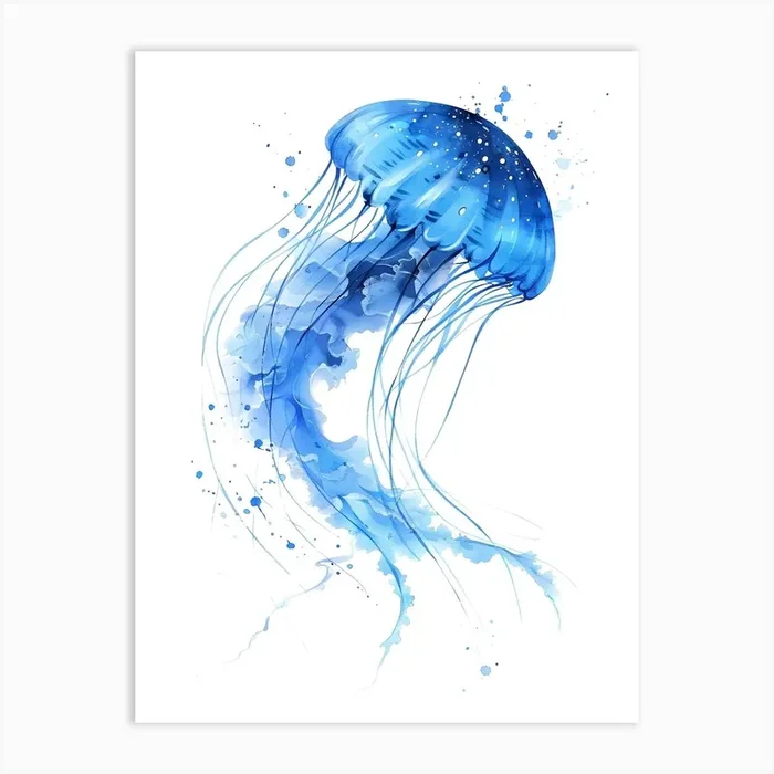 Blue Jellyfish Watercolor Illustration Art PrintA by ArtMart