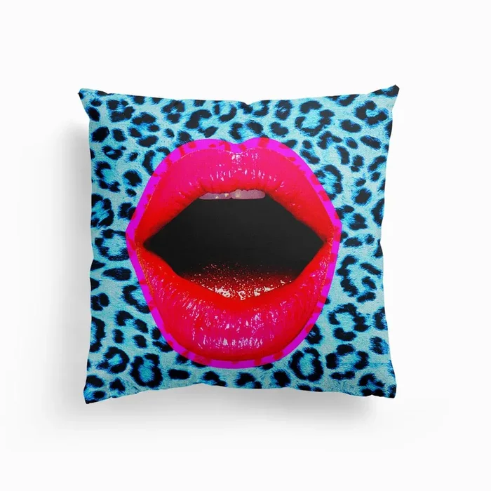 Blue Leopard Lips Collage Canvas Cushion by Collage Art by Hana Brenner-Katz