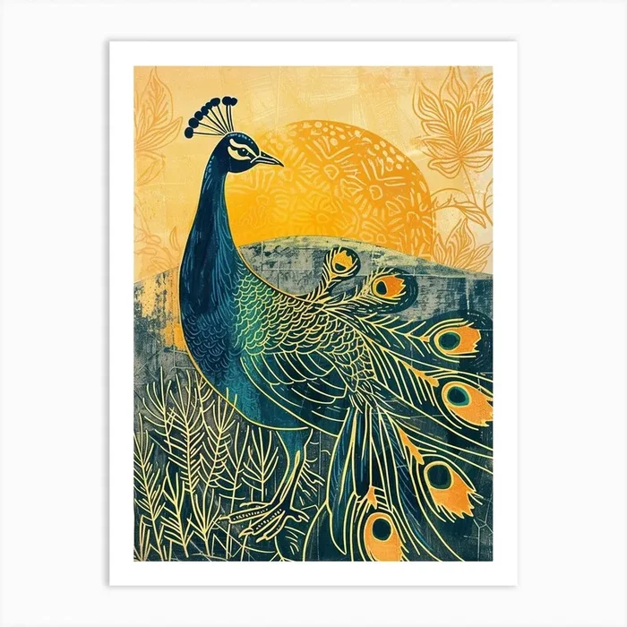 Blue Mustard Peacock In The Wild At Sunset Art Print by Featherline