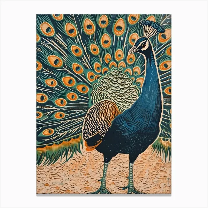 Blue Mustard Peacock On The Path 1 Canvas Print by Featherline