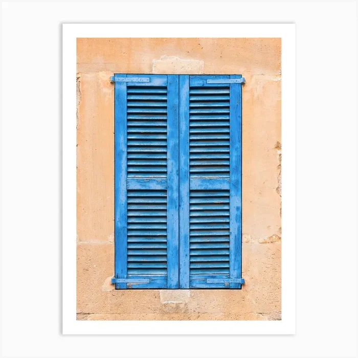 Blue Shutters On A old Wall Art Print by imagine