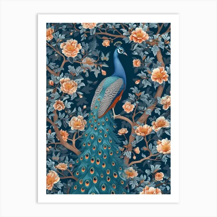Blue Vintage Floral Peacock Wallpaper 1 Art Print by Featherline