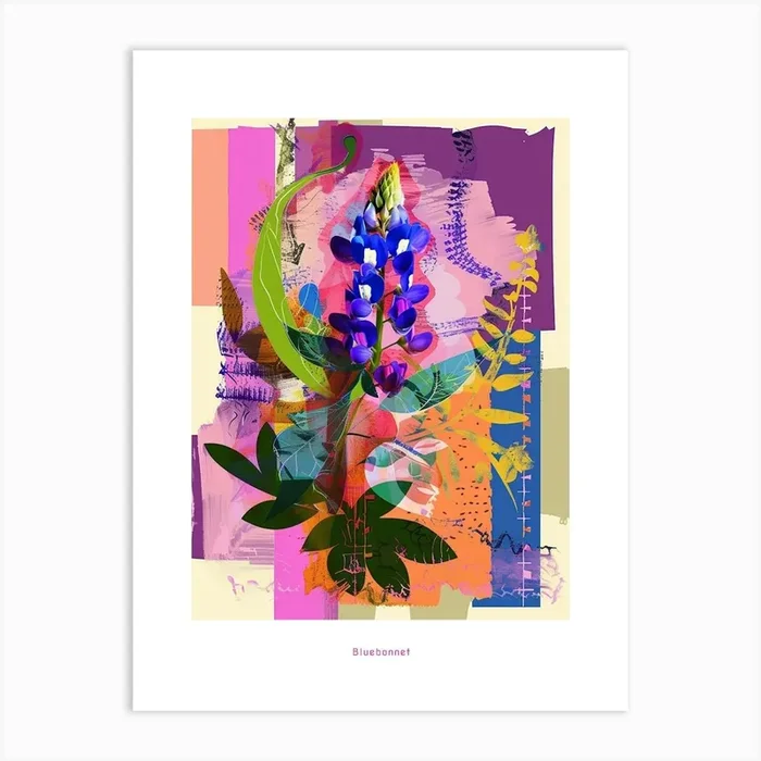 Bluebonnet 2 Neon Flower Collage Poster Art Print by Botanic Studio